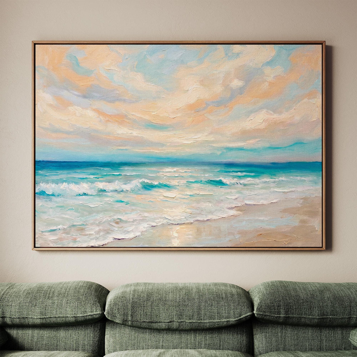 Framed Coastal Canvas Art, Ocean Oil Painting Print, Blue Wave Landscape Wall Decor for Beach House Living Room, ART190-