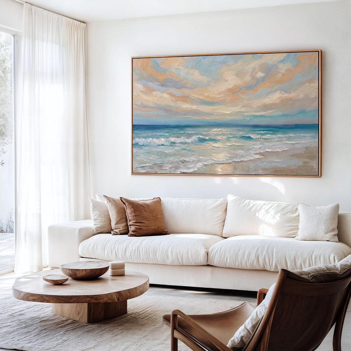 Framed Coastal Canvas Art, Ocean Oil Painting Print, Blue Wave Landscape Wall Decor for Beach House Living Room, ART190-
