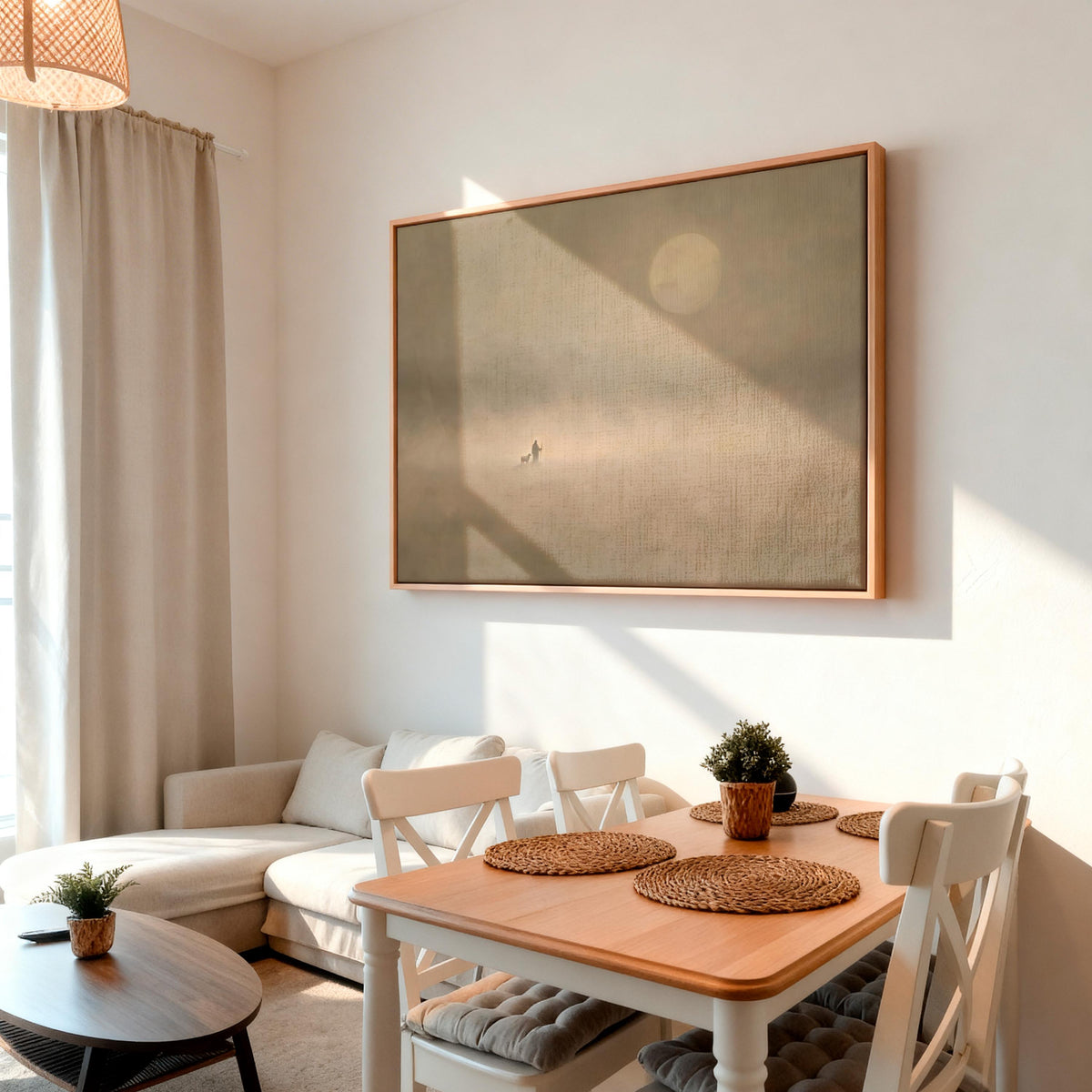 Jesus And Sheep Wall Art, Large Framed Minimalist Christian Canvas Print, Pastoral Abstract Landscape In Soft Neutrals C