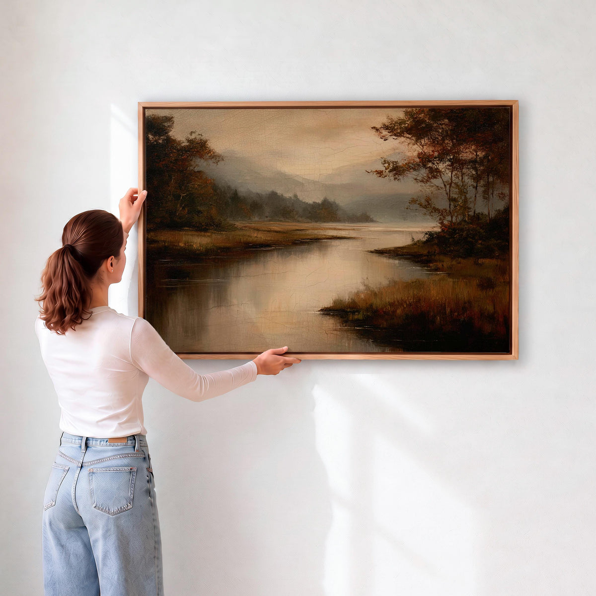Moody Fall Lake Landscape Print, Vintage Autumn Oil Painting Wall Art, Modern Cottage Fall Decor for Living Room, ART283