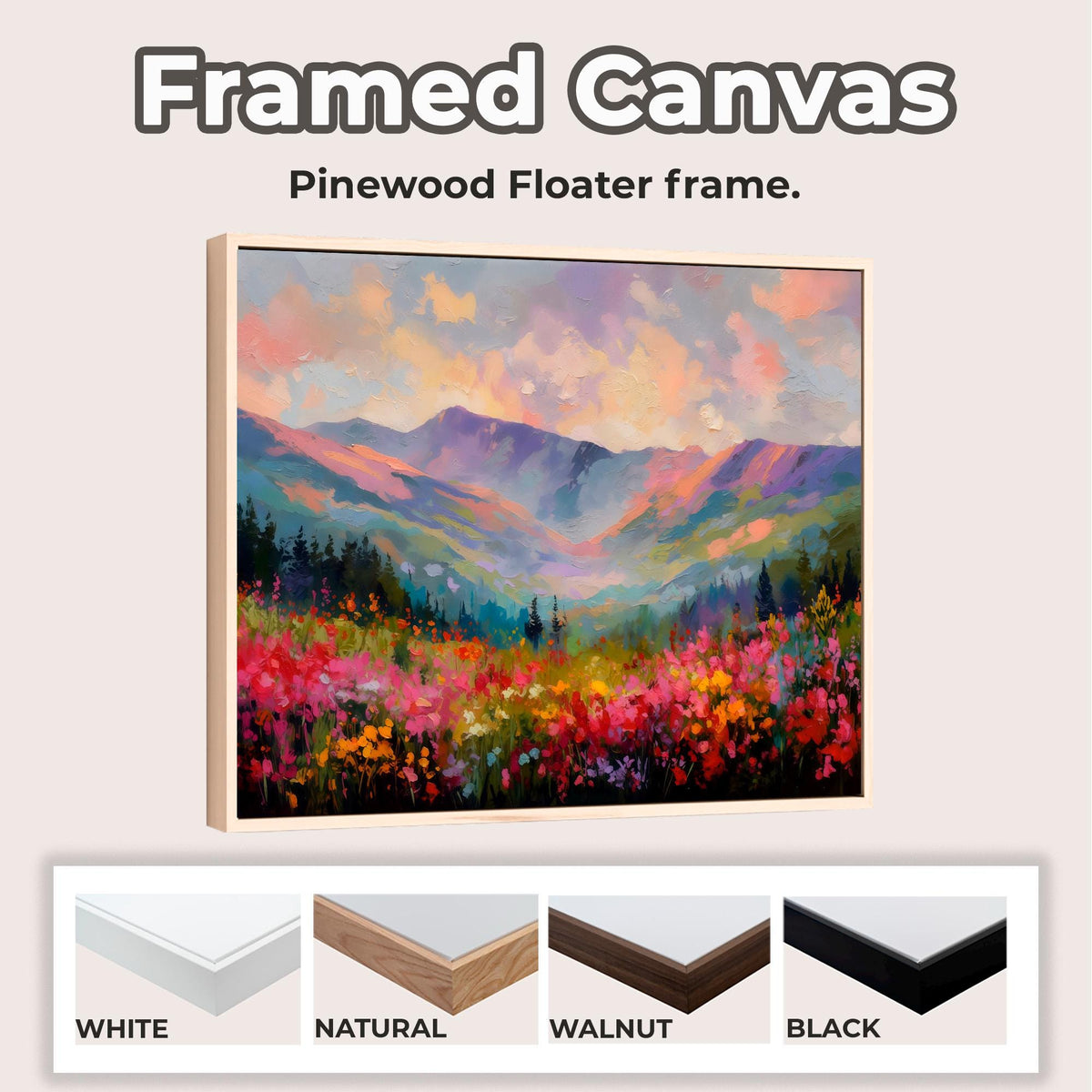 Wildflower Field and Mountain Canvas Print, Pastel Abstract Rocky Mountains, Floral Landscape Art, ART294