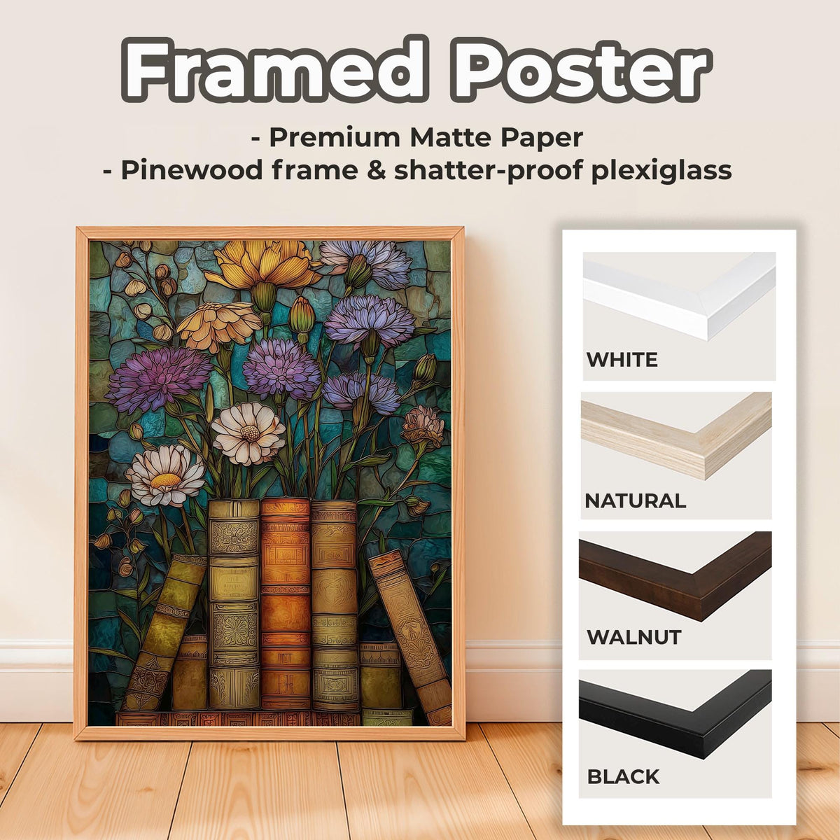 Book Lover Wildflower Poster Print, Stained Glass Floral Wall Art, Artful Trendy Vintage Decor, Light Academia Matte Pos