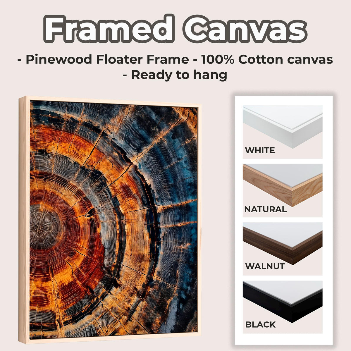 Tree Ring Framed Canvas Wall Art - Abstract Colorful Tree Ring Wall Decor - Minimalist Home Canvas Art - Modern Farmhous