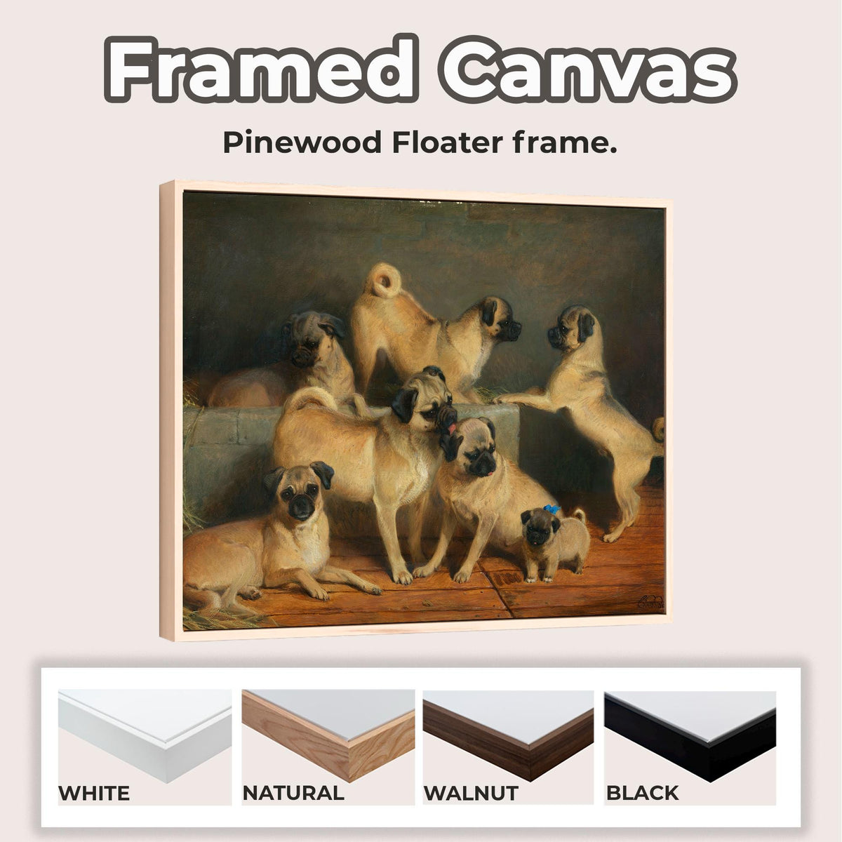 Charles Burton Barber - A Family of Pugs. Canvas painting, Mops wall art, Bedroom decor, Dogs poster print, Reproduction