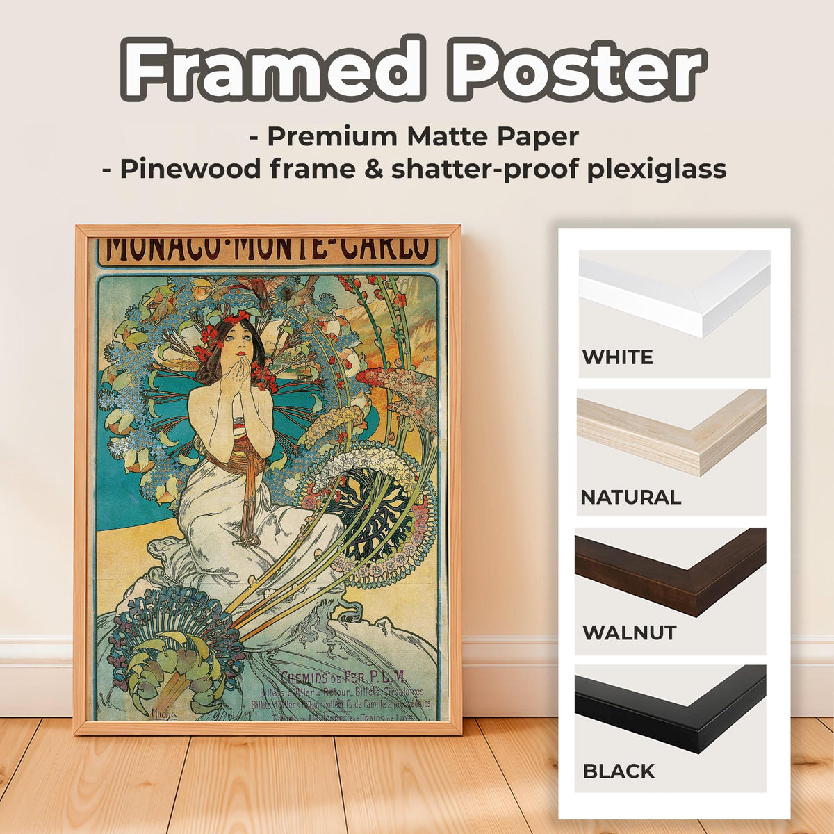 Alphonse Mucha, Monaco Monte Carlo 1897 - Art Nouveau Poster, Floral Wall Art, Vintage Decor for Living Room, Canvas Wal