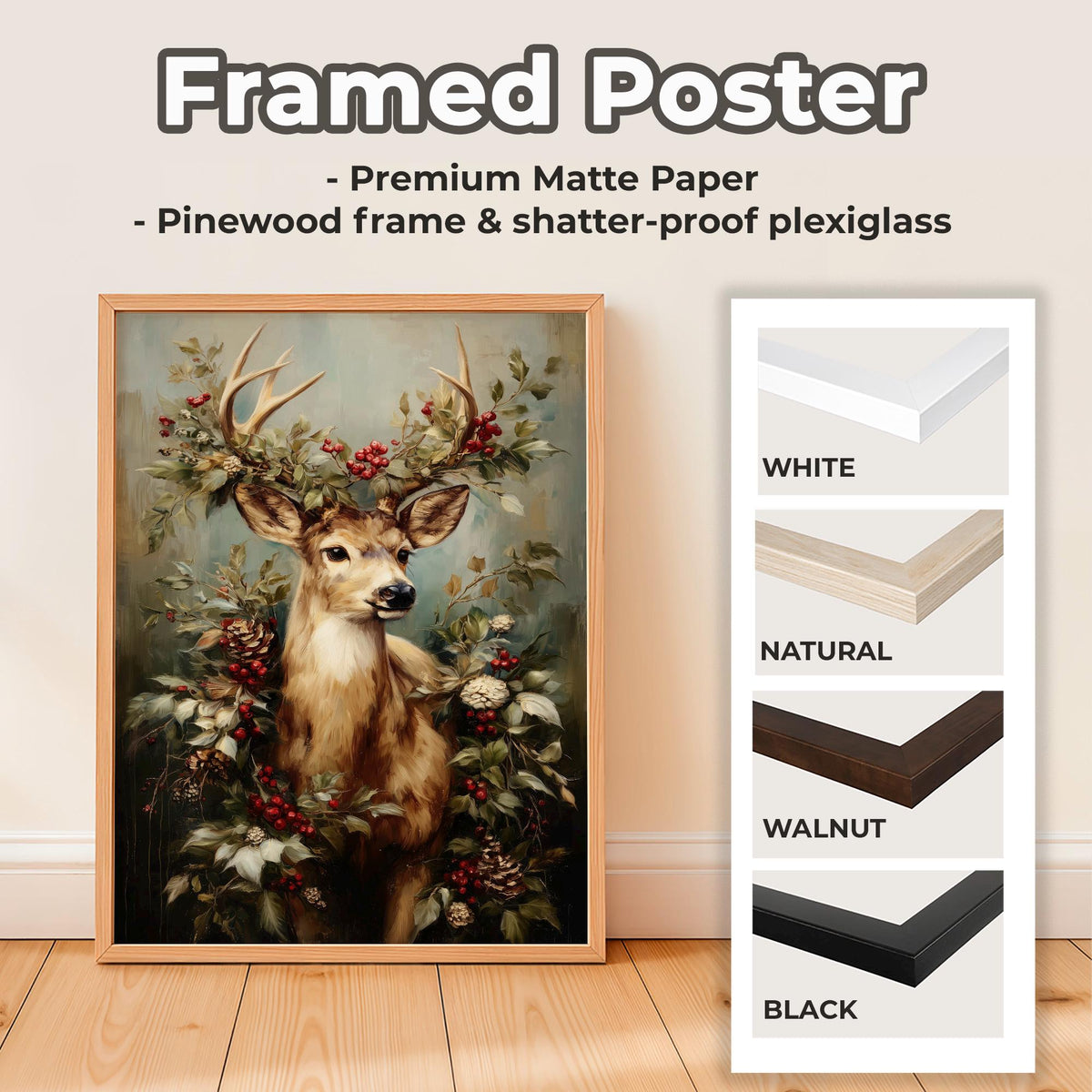 Christmas Reindeer Portrait with Festive Wreath Poster, Holiday Wall Art Print, Rustic Winter Home Decor