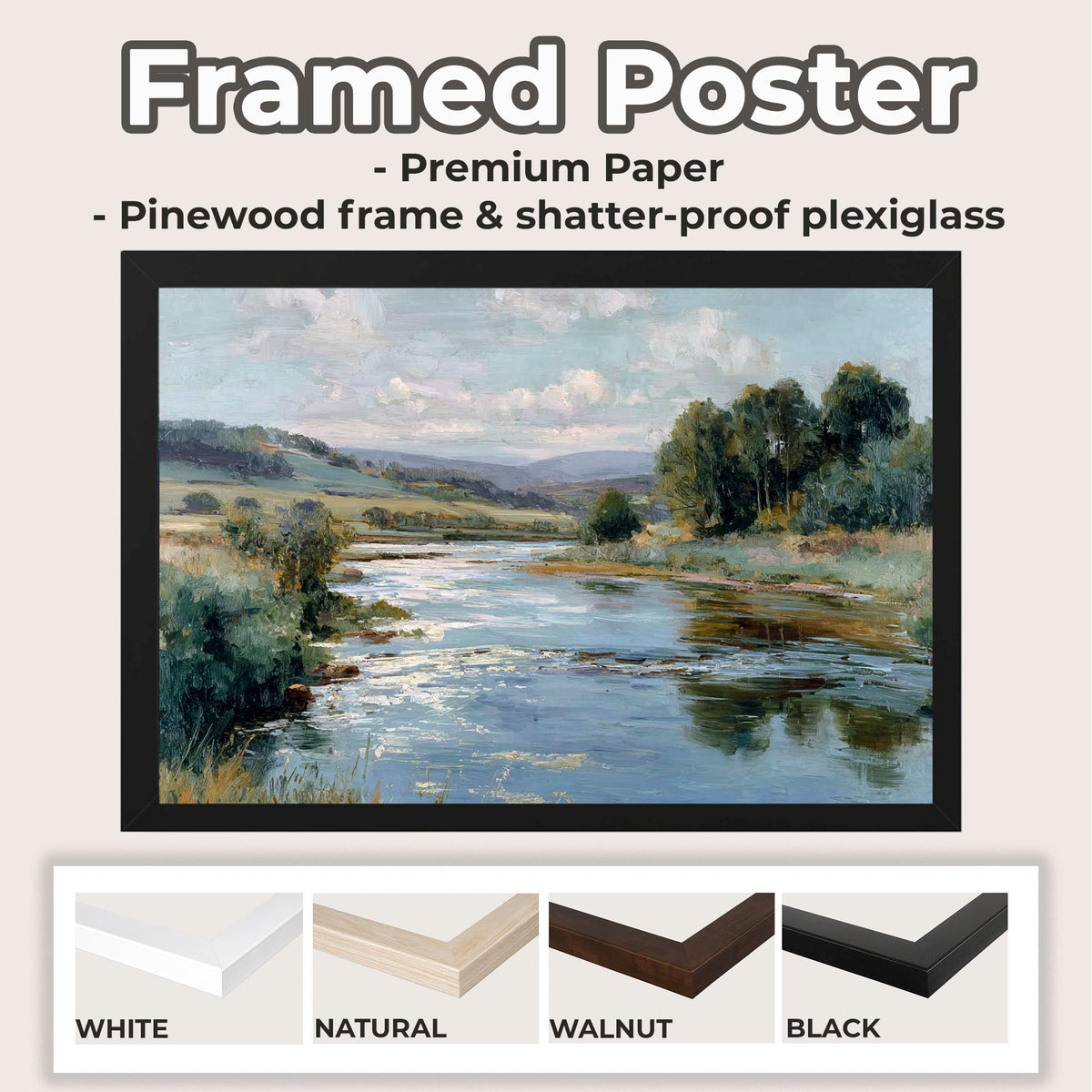 Large Framed Vintage Landscape Wall Art, Oil Painting Print On Canvas, Nature Decor For Living Room Art171