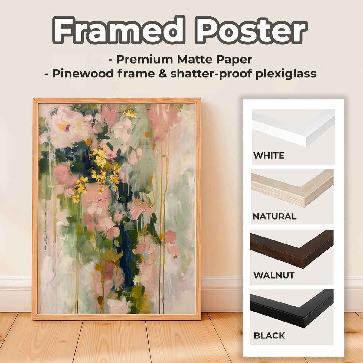Modern Floral Shape Wall Art, Abstract Blush Pink and Green Print, Stylish Living Room Decor, ART118