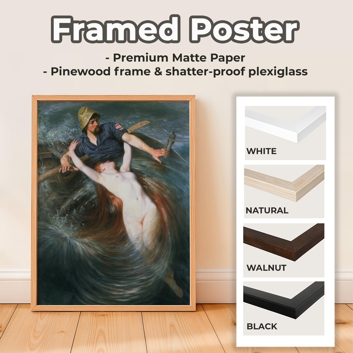 Knut Ekwall - Fisherman and The Siren. Mermaid poster print, Siren wall art, Canvas print, Bedroom decor, Water nymph po