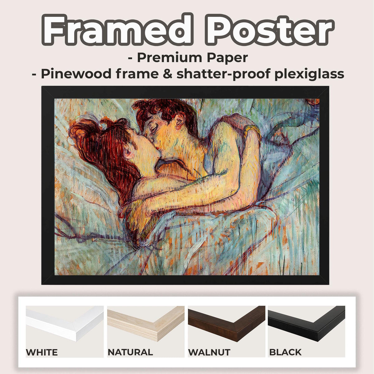Henri de Toulouse Lautrec - In bed the kiss. Couple love art print, Romantic painting, Bedroom decor, Kiss poster print,