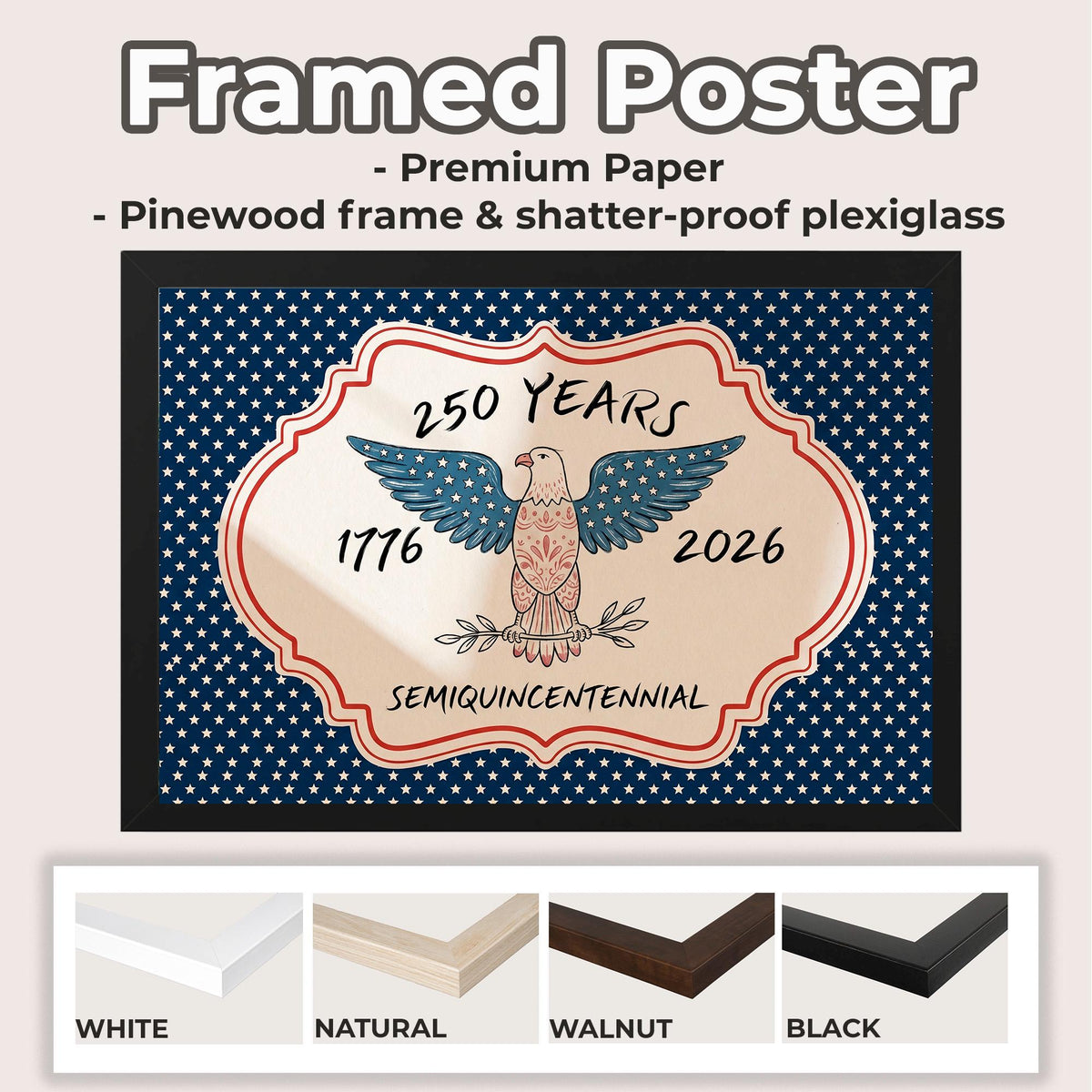 1776-2026 Semiquincentennial Bald Eagle Wall Art, 250 Years of Freedom, Stars and Stripes Poster, Independence Print, Vi