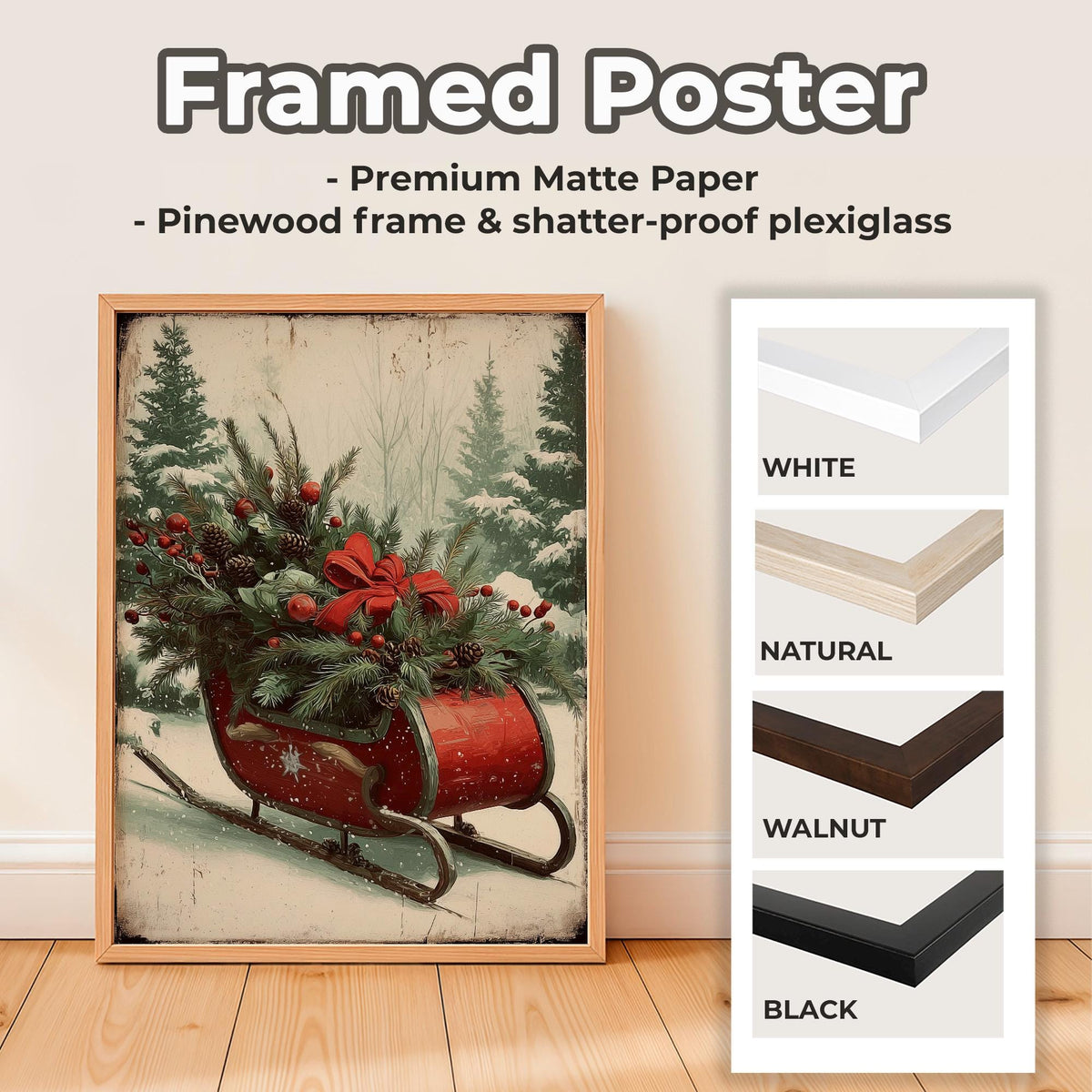 Christmas Sleigh in Snowy Forest, Festive Holiday Wall Art Print, Cozy Winter Home Decor Poster