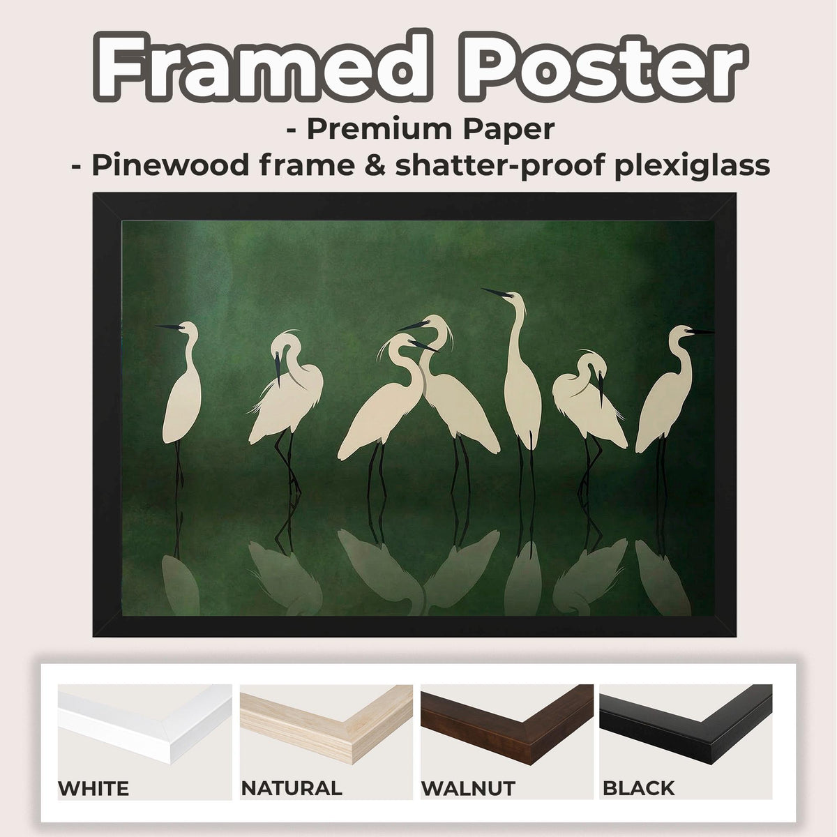 Large Framed Heron Poster Print Minimalist Crane Wall Art, Elegant White Birds Dark Green, Modern Nature Decor Oversized