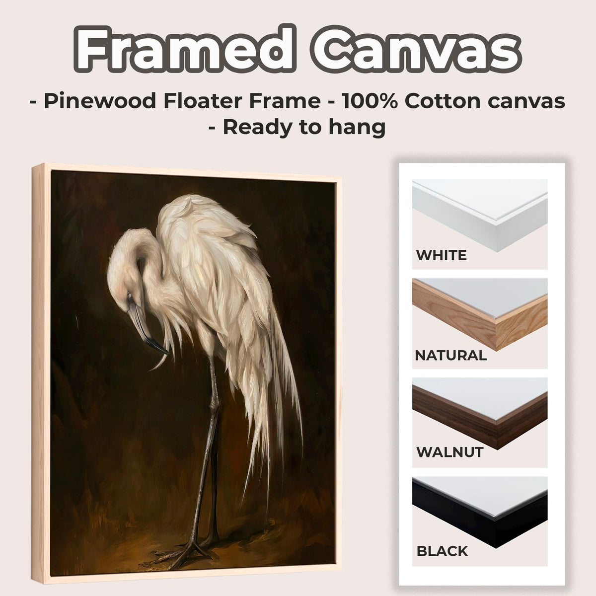 Vintage Egret Wall Art, Framed White Bird Canvas Print, Elegant Wildlife Painting On Dark Background For Living Room Or 