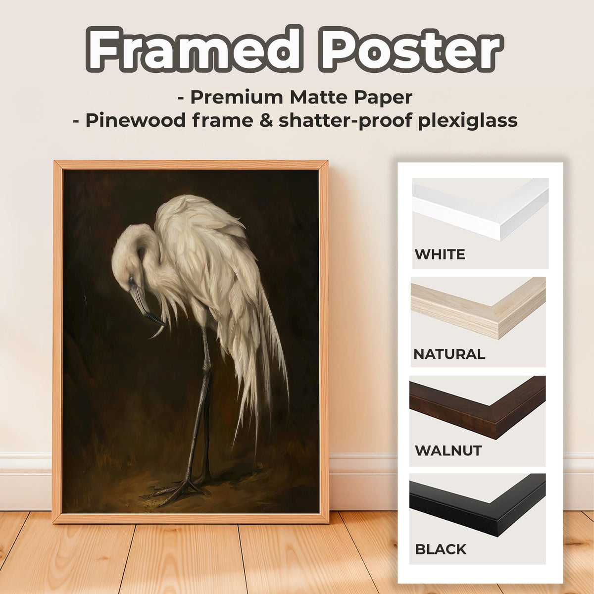 Vintage Egret Wall Art, Framed White Bird Canvas Print, Elegant Wildlife Painting On Dark Background For Living Room Or 
