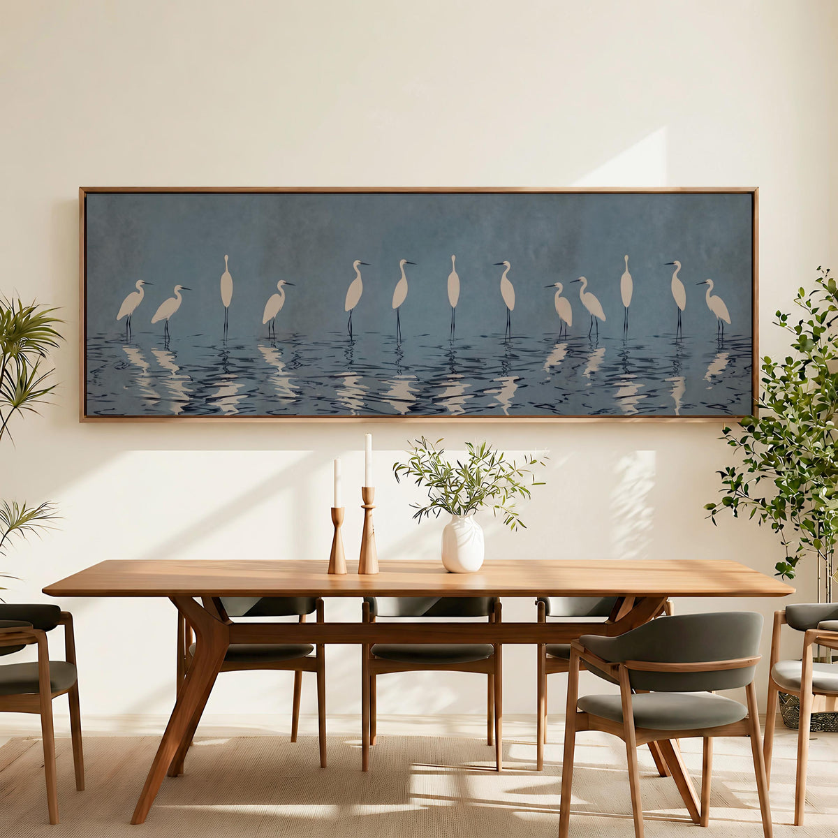 Minimalist Crane Framed Canvas Print, Large Vertical Heron Wall Art for Living Room, Gray Blue Bird Decor,  ART47