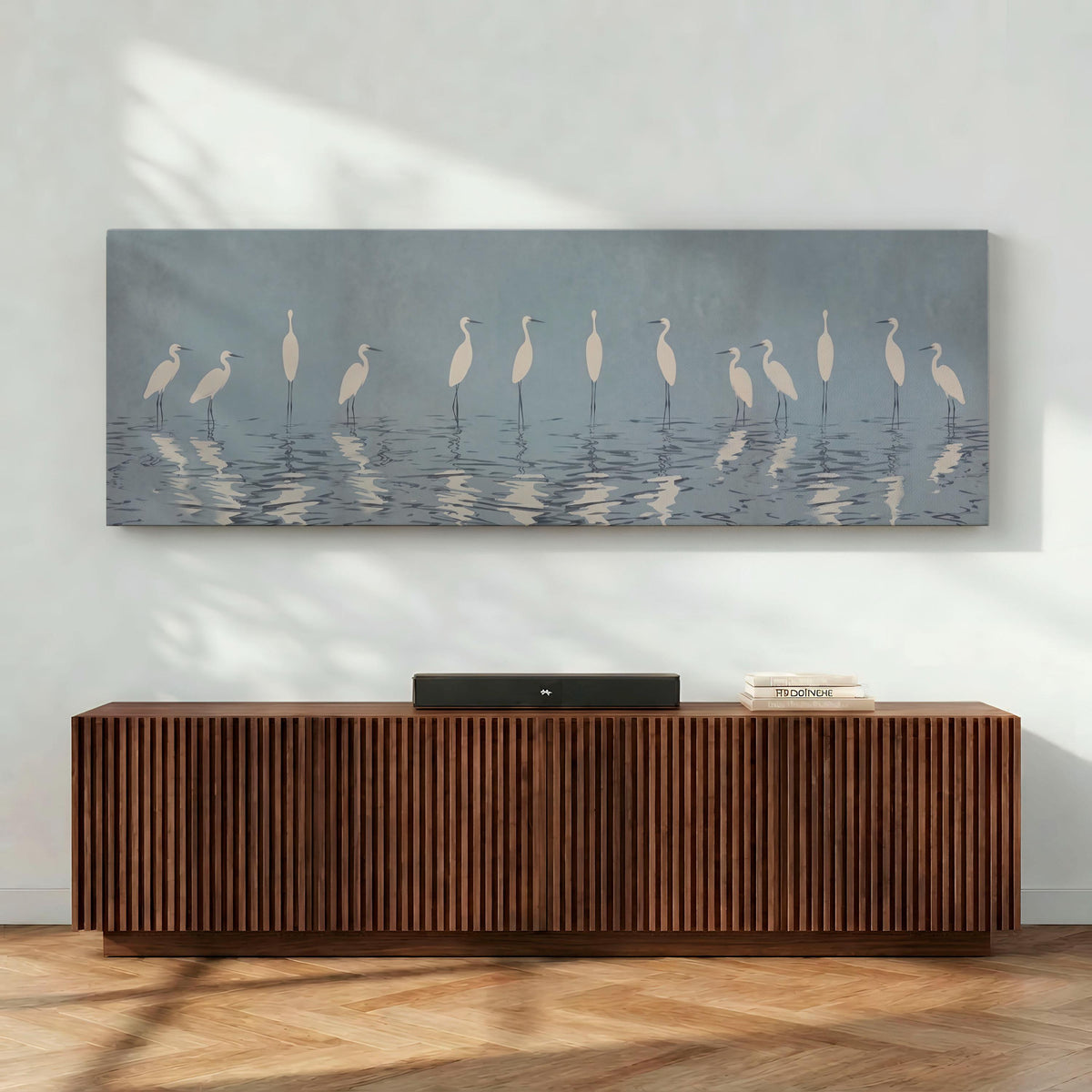 Minimalist Crane Framed Canvas Print, Large Vertical Heron Wall Art for Living Room, Gray Blue Bird Decor,  ART47
