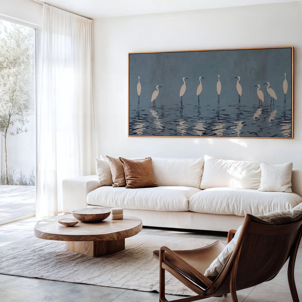 Minimalist Crane Framed Canvas Print, Large Vertical Heron Wall Art for Living Room, Gray Blue Bird Decor,  ART47