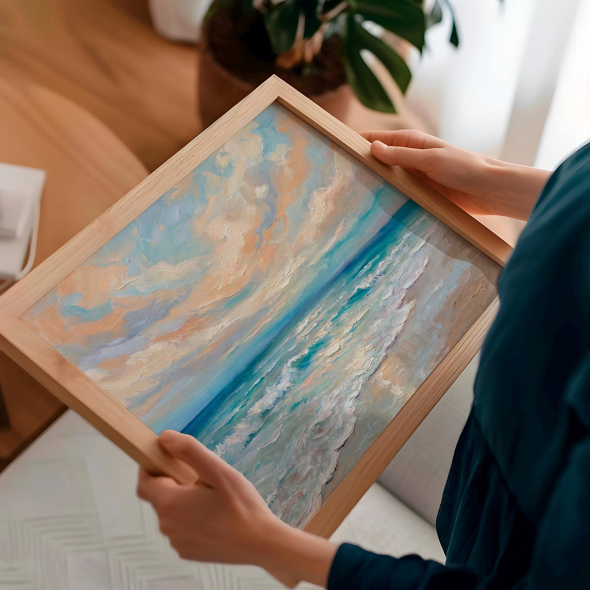 Framed Coastal Canvas Art, Ocean Oil Painting Print, Blue Wave Landscape Wall Decor for Beach House Living Room, ART190-