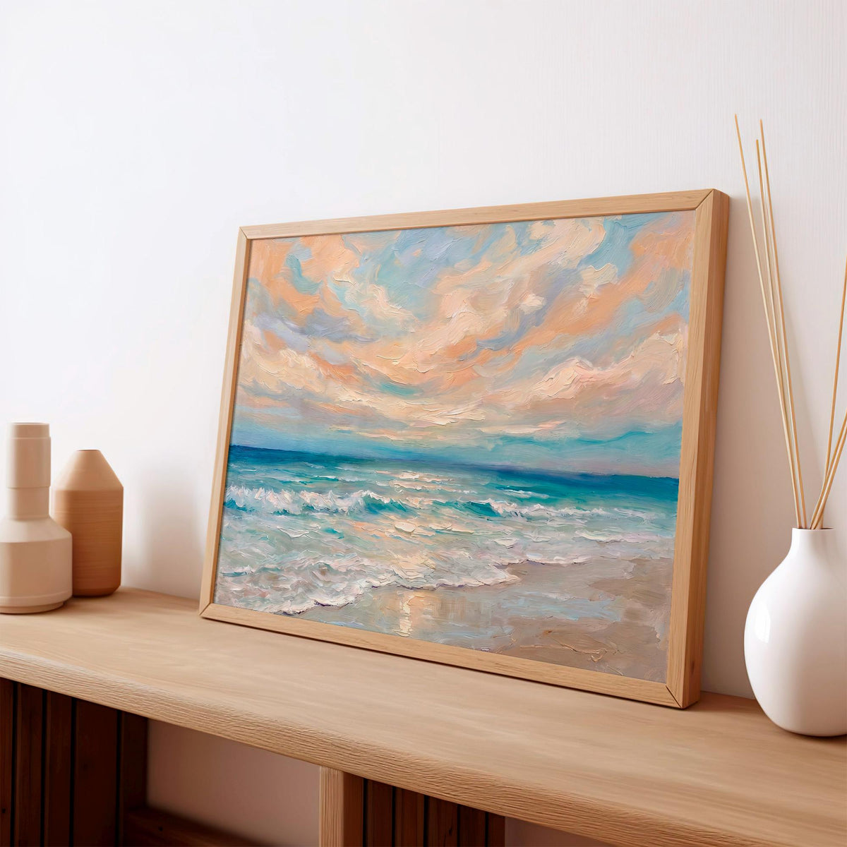 Framed Coastal Canvas Art, Ocean Oil Painting Print, Blue Wave Landscape Wall Decor for Beach House Living Room, ART190-