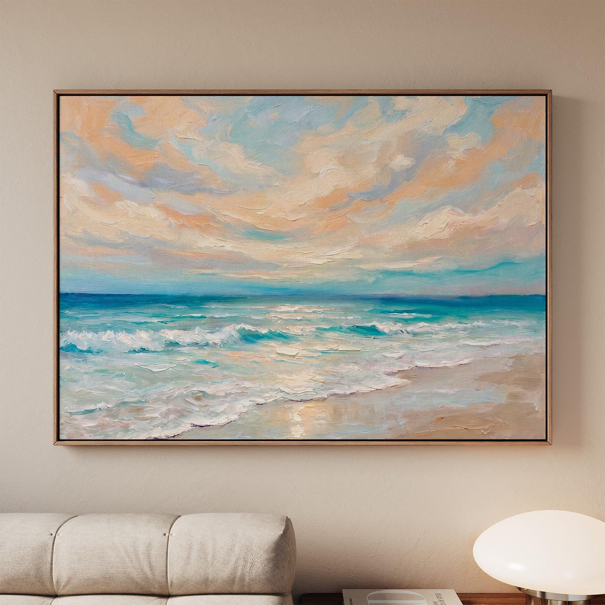 Framed Coastal Canvas Art, Ocean Oil Painting Print, Blue Wave Landscape Wall Decor for Beach House Living Room, ART190-
