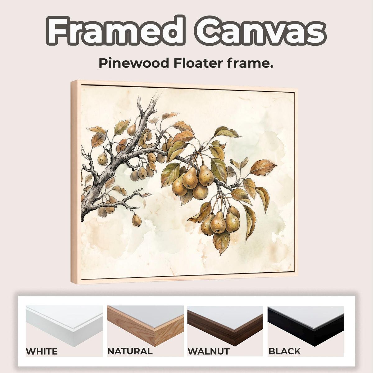 Framed Canvas Vintage Pear Tree Art Print, Neutral Nature Sketch Wall Art for Kitchen and Living Room, ART280