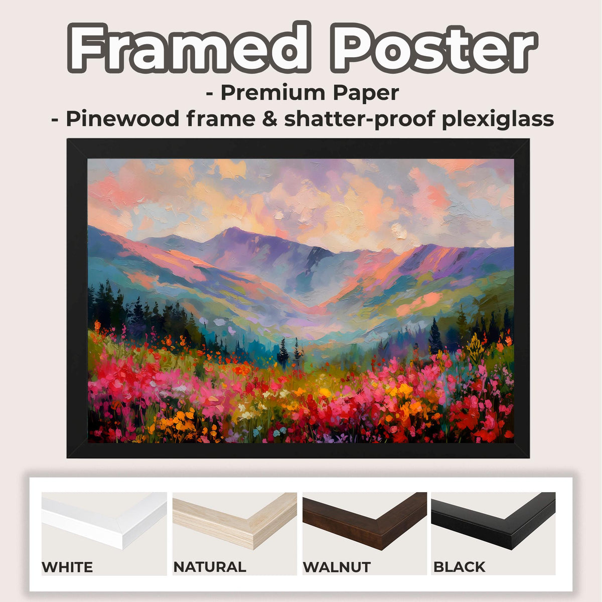 Wildflower Field and Mountain Canvas Print, Pastel Abstract Rocky Mountains, Floral Landscape Art, ART294