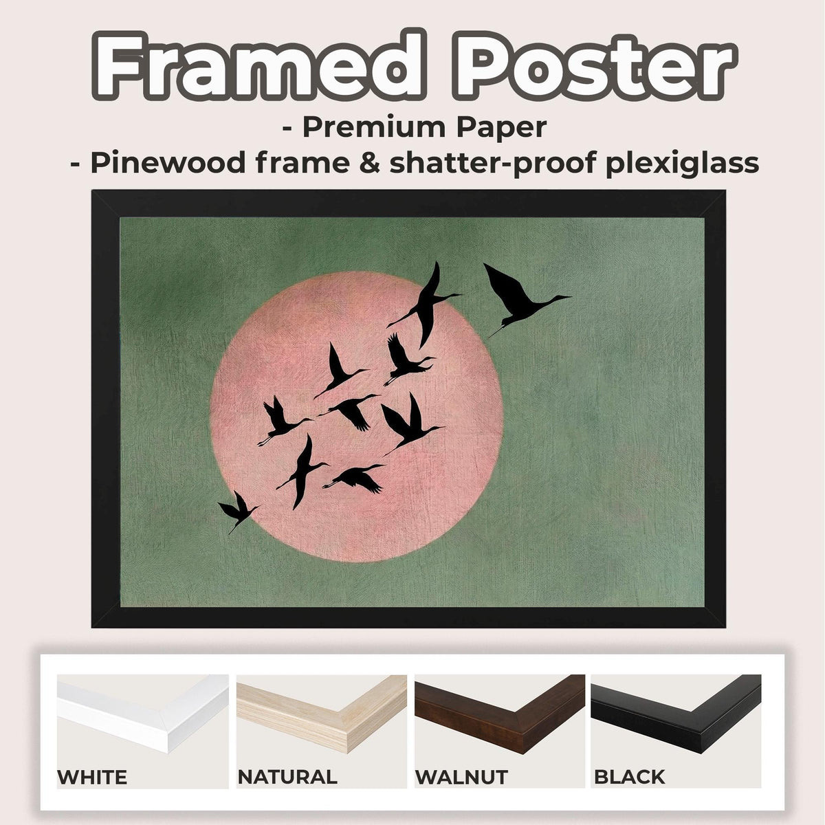 Large Living Room Decor Sage Pink Moon Japandi Wall Art Print, Framed Flock of Birds Japanese Sun  Canvas Modern Feng Sh