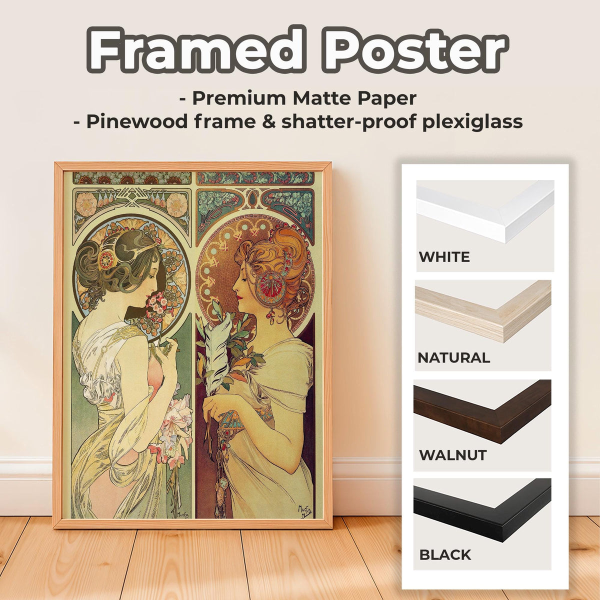 Alphonse Mucha - La Primevere and La Plume. Art nouveau poster, Decorative vintage art, Elegant girl art print, Famous a