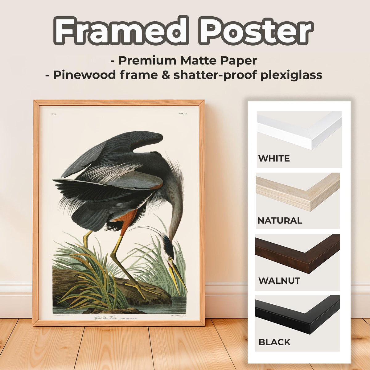 John James Audubon, Great Blue Heron (1821) - Birds of America Print, Realistic Bird Illustration, Nature Wall Art, Larg