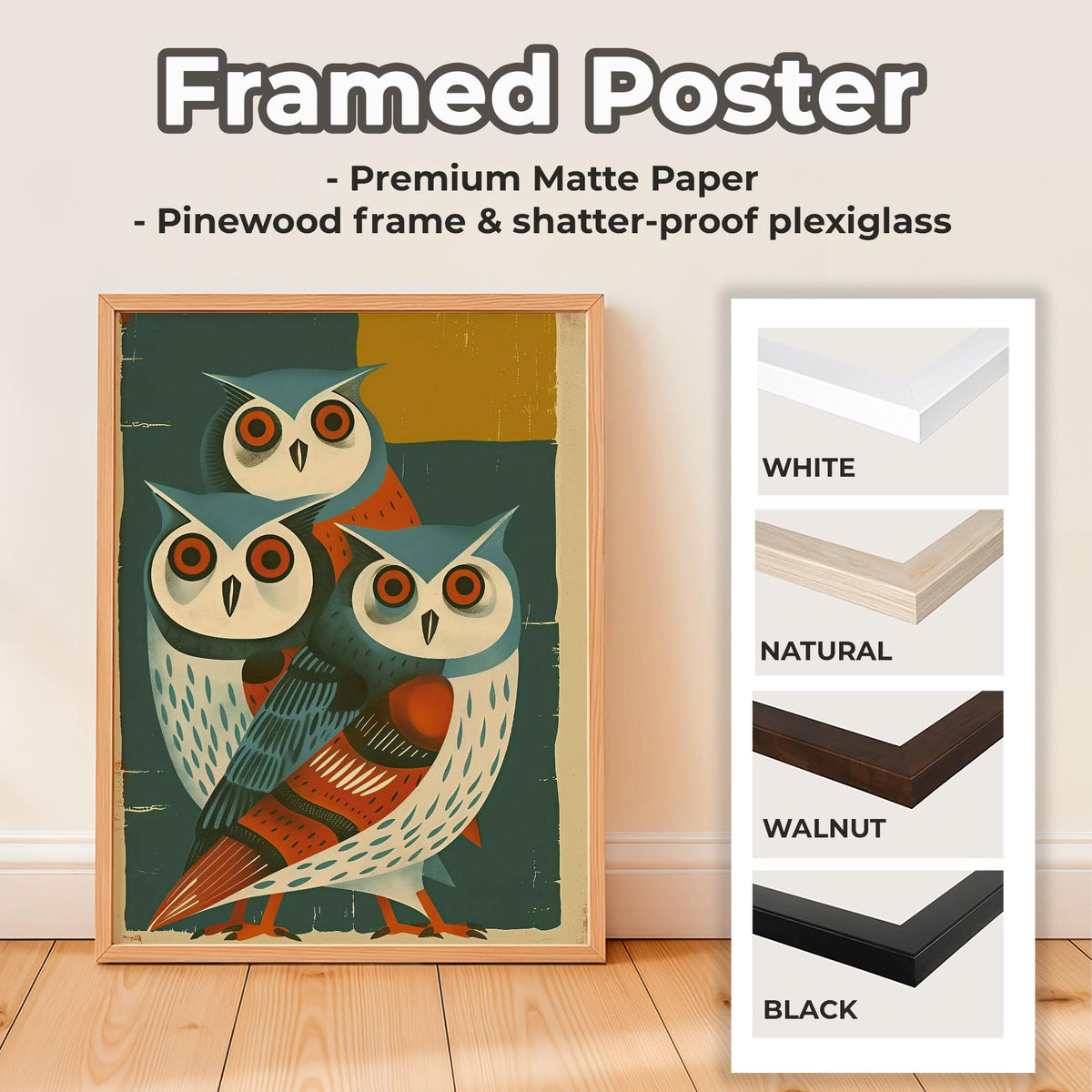 Mid-Century Owl Art Print, Retro Blue Owls Poster, Minimalist Animal Illustration, Vintage Wall Decor, Modern Graphic Ar
