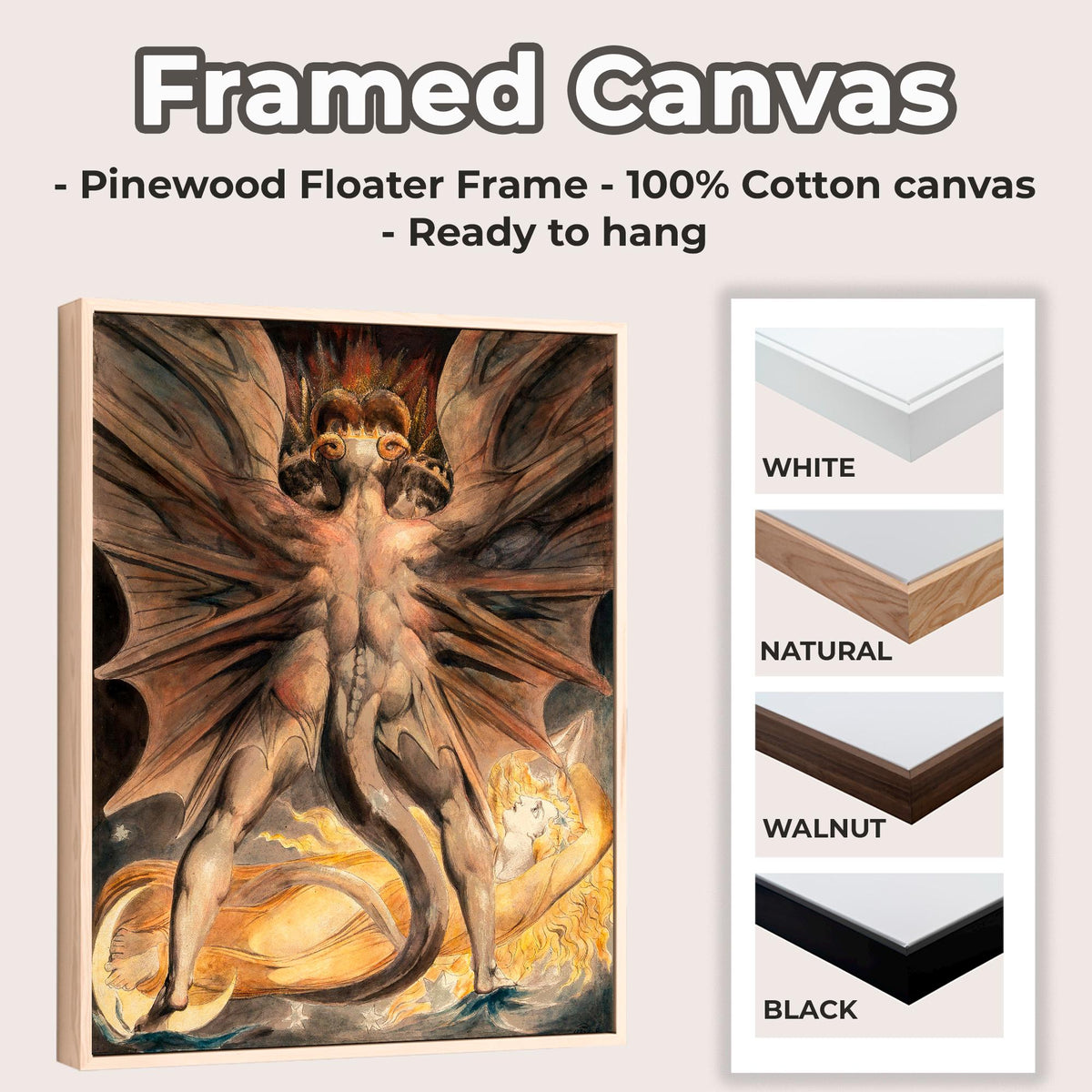 William Blake - The Great Red Dragon and the Woman Clothed in Sun. Blake poster, Canvas painting, Ready to hang, Giclee 