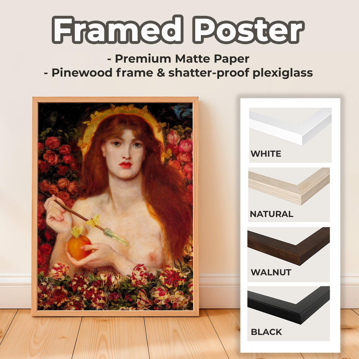 Dante Gabriel Rossetti, Venus Verticordia 1868 - Floral Portrait Print, Vintage Wall Art, Pre-Raphaelite Decor for Bedro