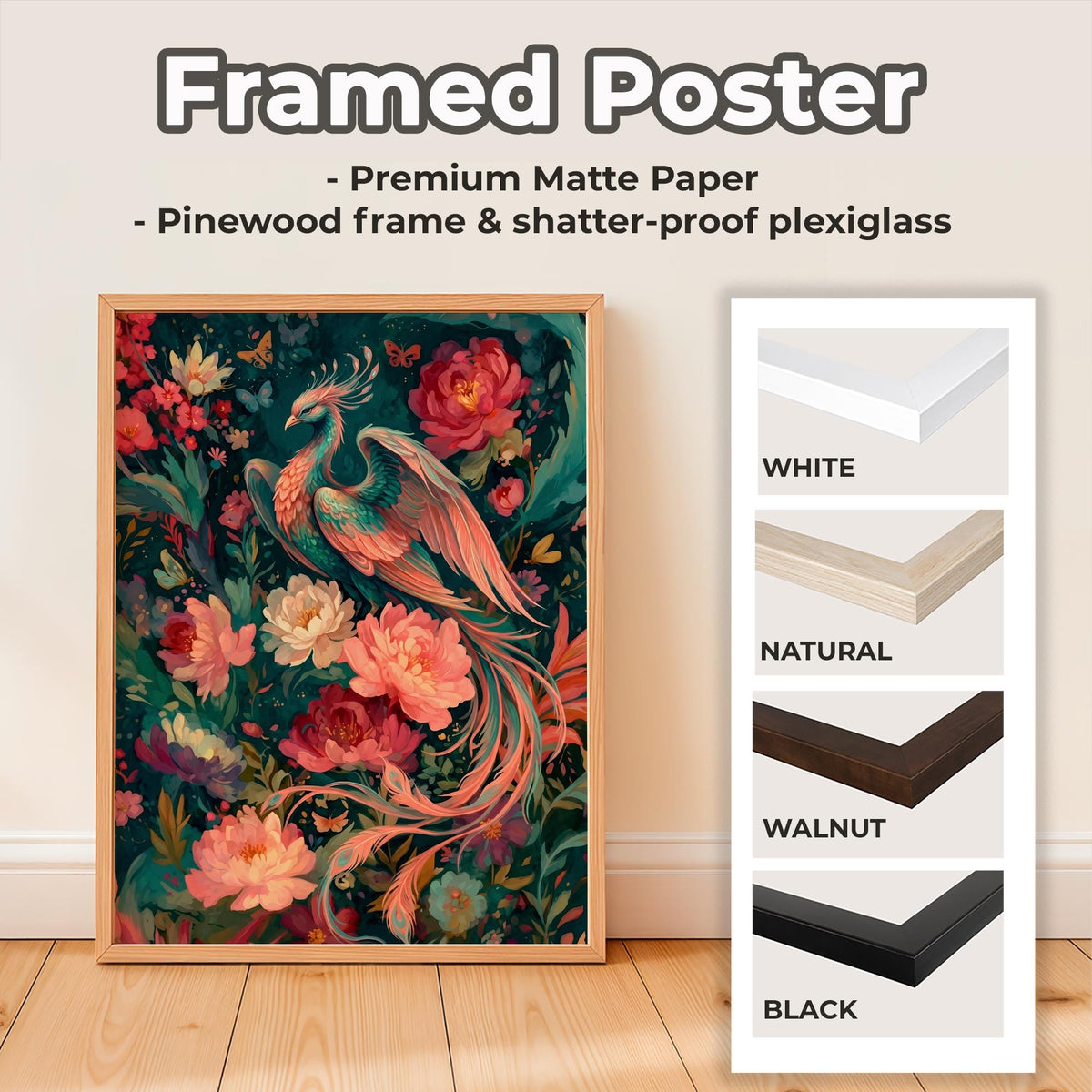 Floral Phoenix Wall Art, Fantasy Creature Print, Whimsical Phoenix in Flowers, Colorful Fairytale Illustration, Magical 