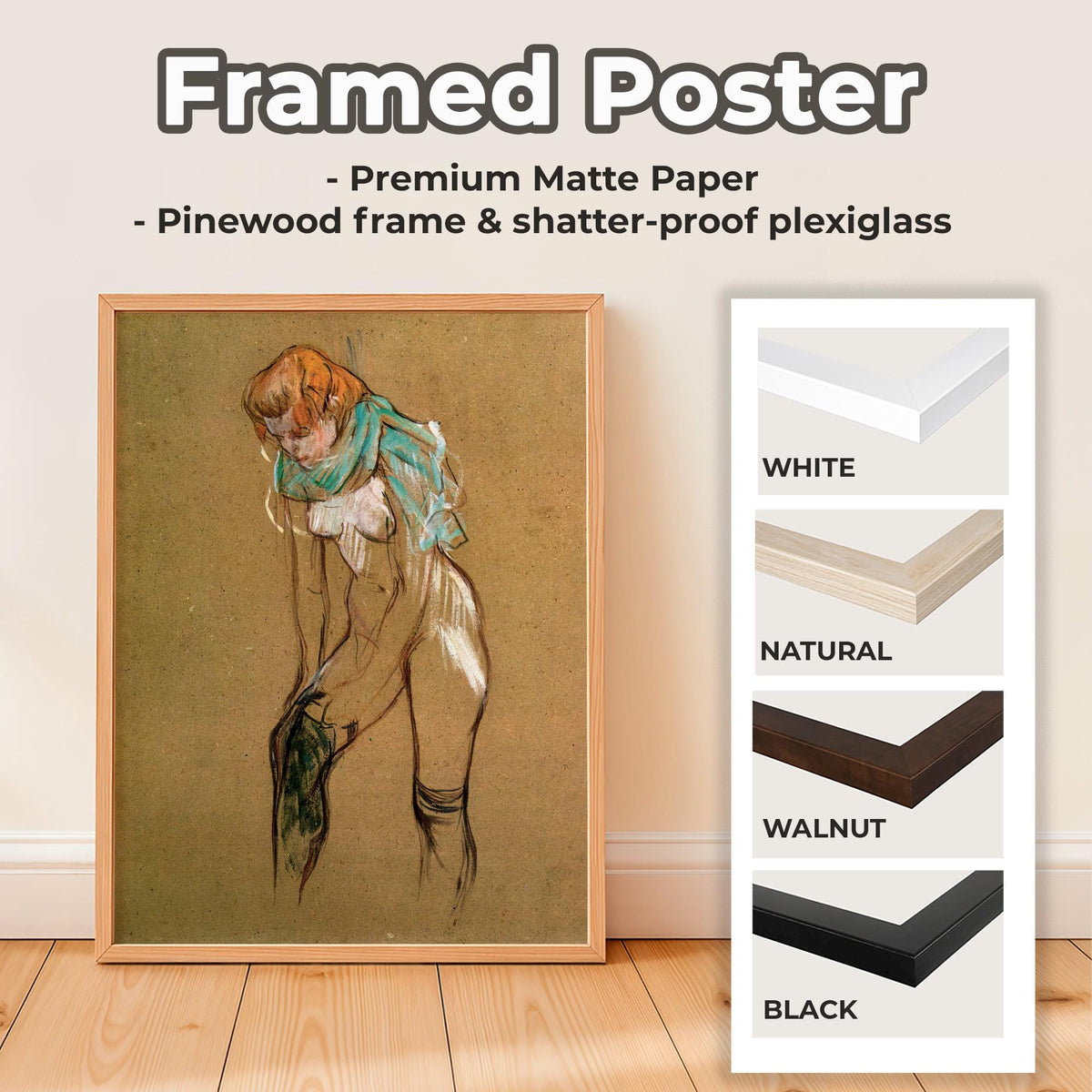 Henri de Toulouse Lautrec - Woman pulling up her stocking study. Sensual poster print, Beautiful girl art print, Interio