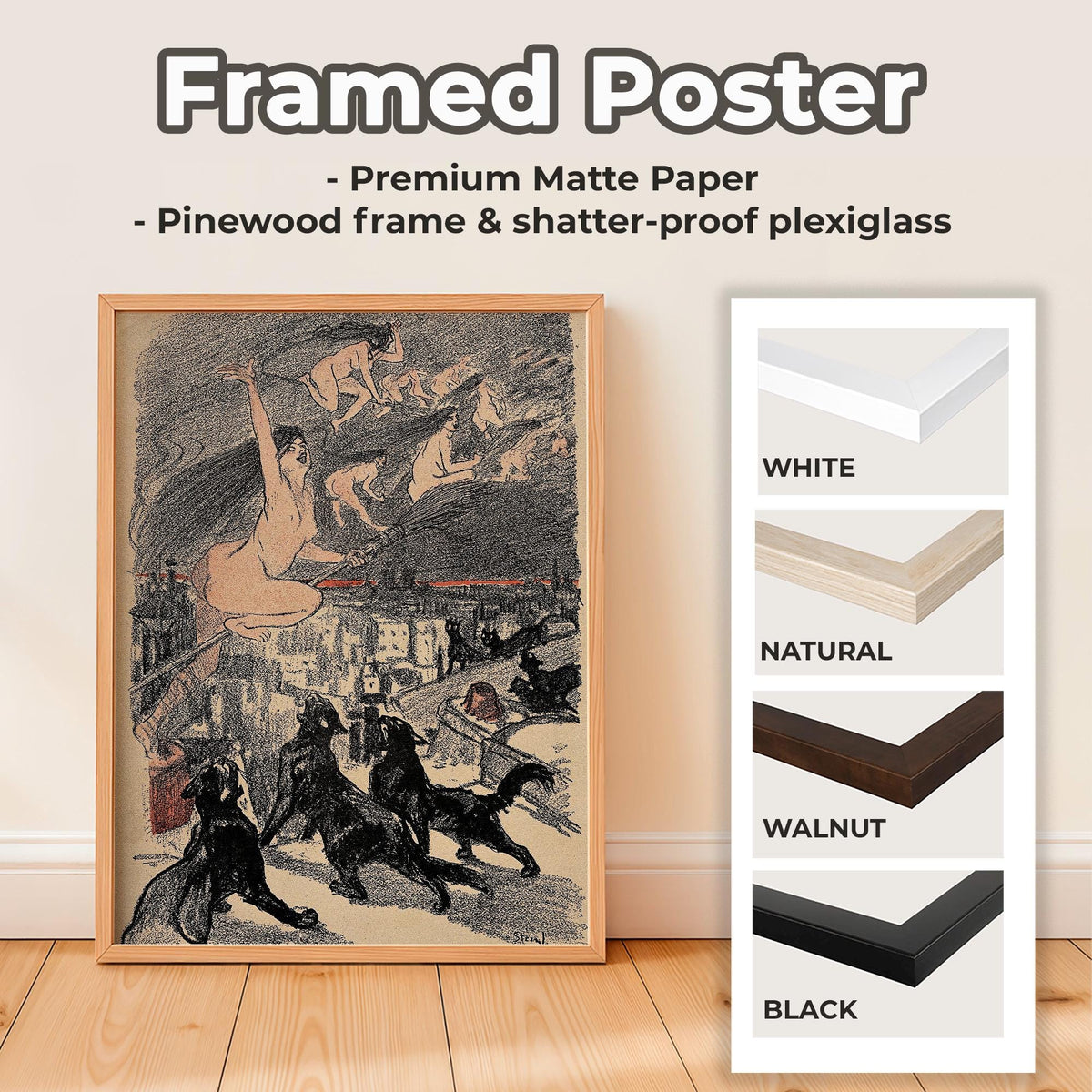 Théophile Steinlen - Big Black Cats Witches Ascend - Gothic Mystical Canvas Print, Dark Fantasy Halloween Wall Art Livin