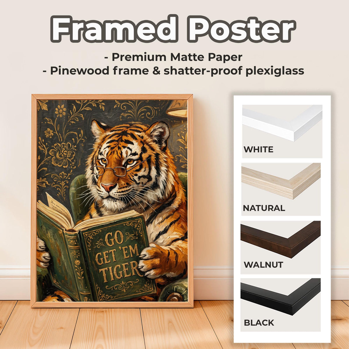 Motivational Tiger Reading Print, Humorous Bookworm Wall Art, Library Office Study Decor, Inspirational Animal Poster, A
