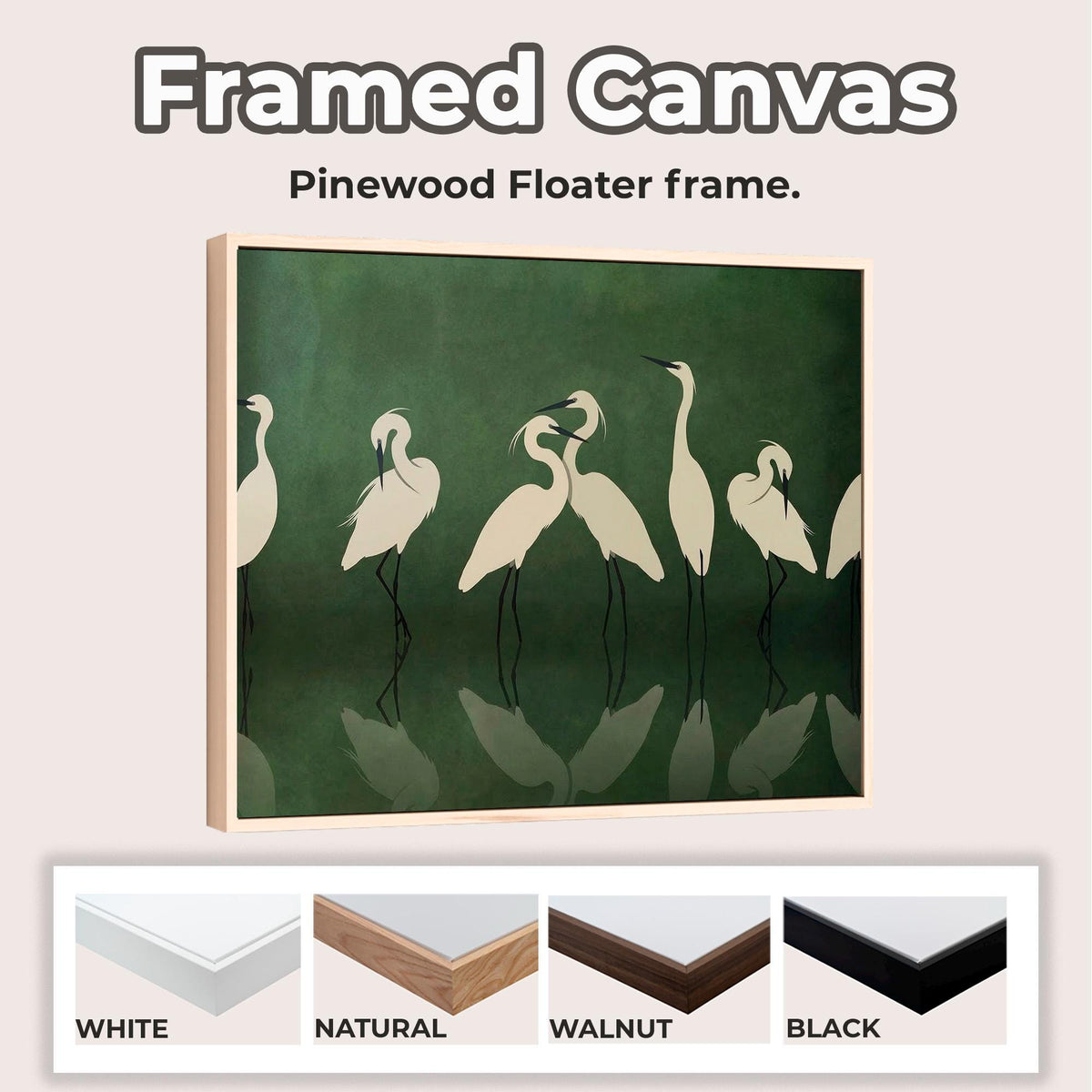 Large Framed Heron Poster Print Minimalist Crane Wall Art, Elegant White Birds Dark Green, Modern Nature Decor Oversized