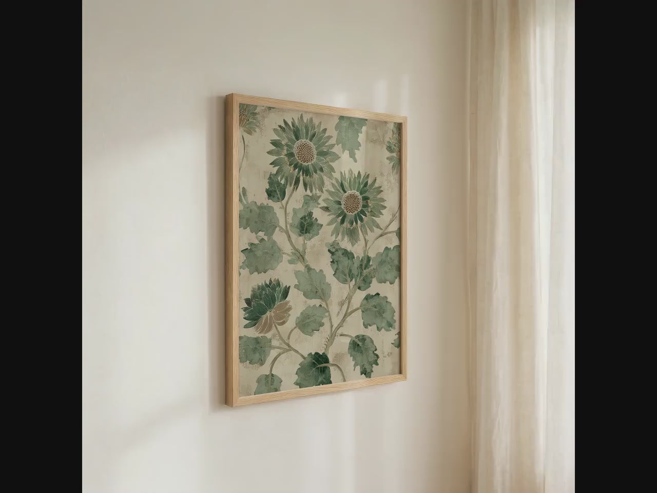 Pale Green Botanical Flowers Vintage Print - Large Framed Canvas Wall Art, Abstract Floral Decor for Living Room Decor, 