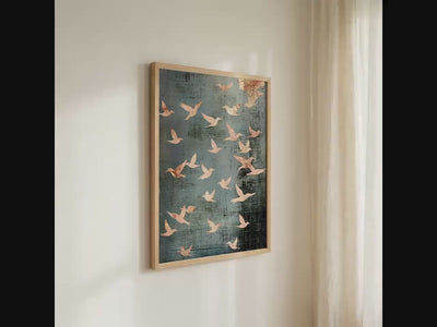 Flock of Flying Birds Framed Canvas Wall Art Print, Minimalist Spiritual Home Decor, Modern Japandi Artwork Large Abstra