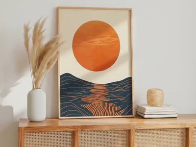 Mid Century Modern Sun Wall Art, Framed Bauhaus Canvas Print, Abstract Wave Geometric Poster Minimalist Living Room Deco