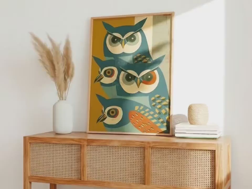 Mid-Century Owl Art Print, Retro Blue Owl Poster, Minimalist Animal Illustration, Vintage Wall Decor, Modern Graphic Art