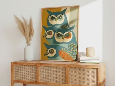 Mid-Century Owl Art Print, Retro Blue Owl Poster, Minimalist Animal Illustration, Vintage Wall Decor, Modern Graphic Art