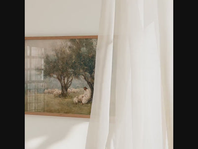 The Lord is My Shepherd Christian Wall Art, Jesus Leaves the 99, Neutral Jesus and Sheep Oil Painting, Modern Faith Deco
