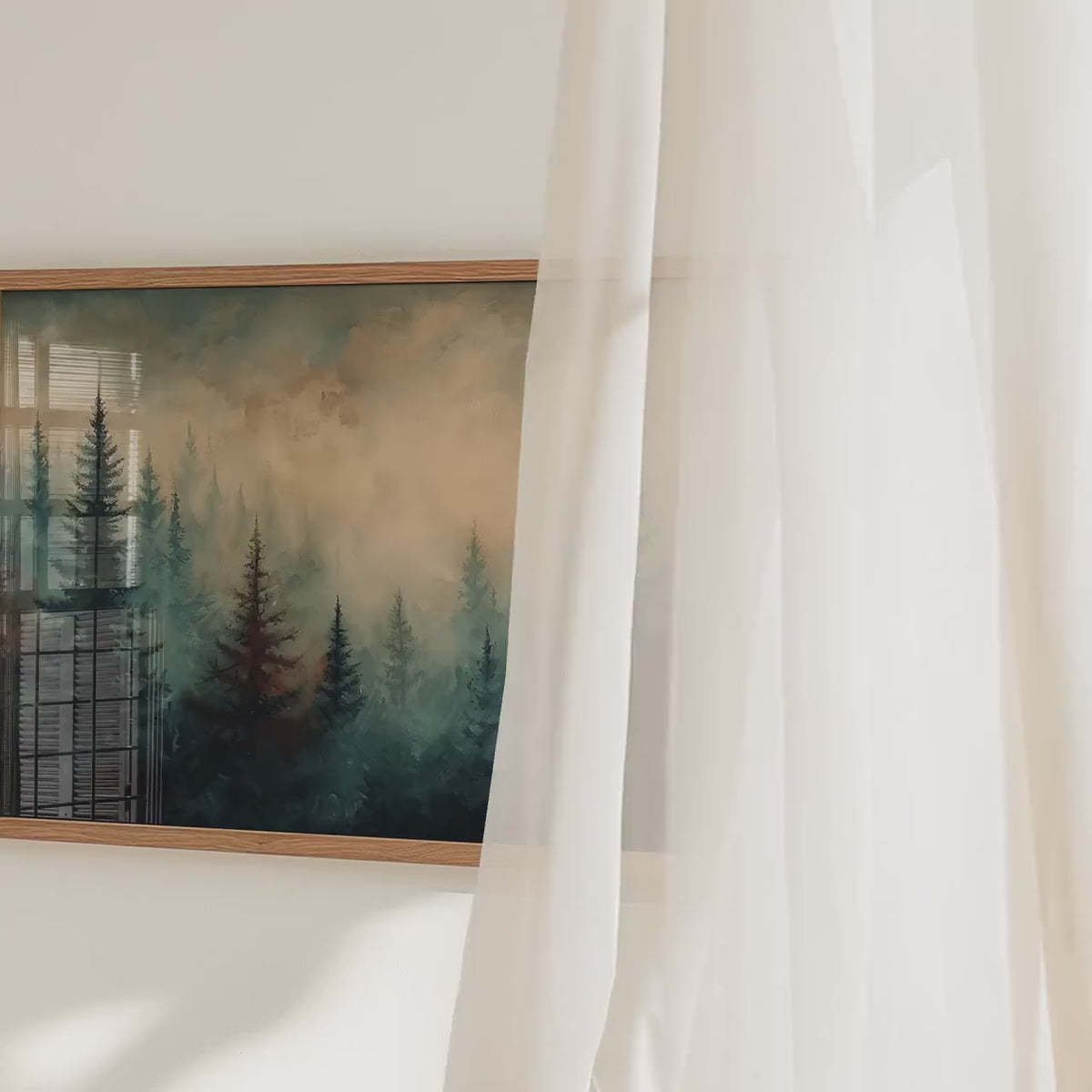 Moody Green Woodland Landscape Large Framed Misty Pine Tree Forest Canvas Art, Minimalist Scandinavian Nature Bedroom De